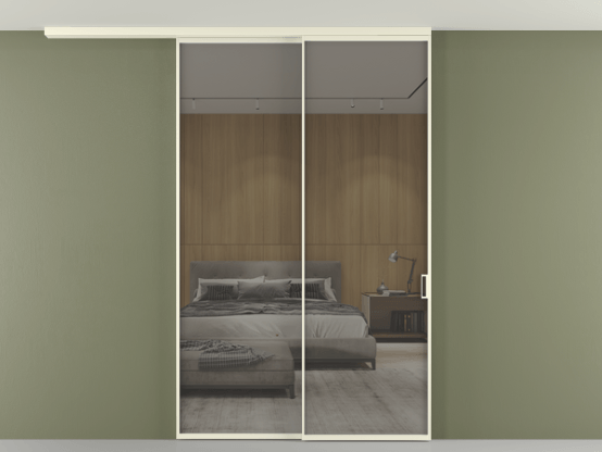 Алюминевая перегородка АЛПР 040.01_АМБ_Stopsol Grey_new. Цвет Алюминий молочно-белый. Материал Алюминий в эмали. Коллекция Перегородка Formato вдоль стены на потолок 2 створки с синхронным механизмом. Картинка.