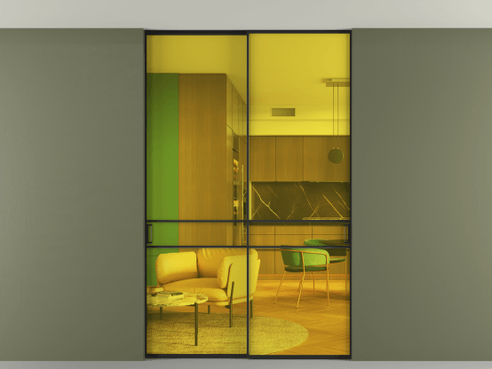 Алюминевая перегородка АЛПР 040.02_ЧРН_ПРОЗ ЖЕЛ_new. Цвет Алюминий Черный. Материал Алюминий. Коллекция Перегородка Формато внутри проёма скрытое крепление в потолок 2 створки. Картинка.