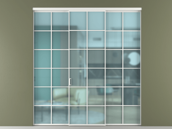 Алюминевая перегородка АЛПР 040.05_АБЛ_САТ ГОЛ_new. Цвет Алюминий белоснежный. Материал Алюминий в эмали. Коллекция Перегородка Formato внутри проёма 3 створки. Картинка.