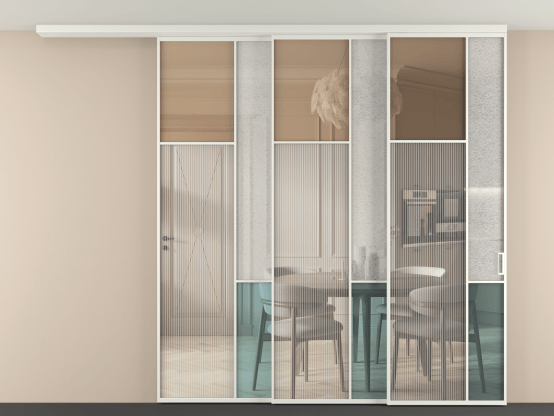 Алюминевая перегородка vdt3_7 Алюминий светло-серый Четыре стекла. Цвет Алюминий светло-серый. Материал Алюминий в эмали. Коллекция Перегородка Mosaic вдоль стены на потолок 3 створки с синхронным механизмом. Картинка.