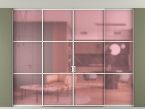 Алюминевая перегородка АЛПР 040.03_АСР_САТ РОЗ_new. Цвет Алюминий серый. Материал Алюминий в эмали. Коллекция Перегородка Формато внутри проёма скрытое крепление в потолок 4 створки. Картинка.