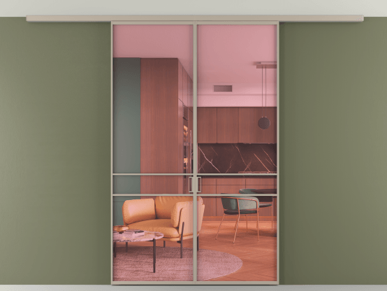 Алюминевая перегородка АЛПР 040.02_АБСК_ПРОЗ РОЗ_new. Цвет Алюминий бисквитный. Материал Алюминий в эмали. Коллекция Перегородка Formato вдоль стены на потолок 2 створки. Картинка.