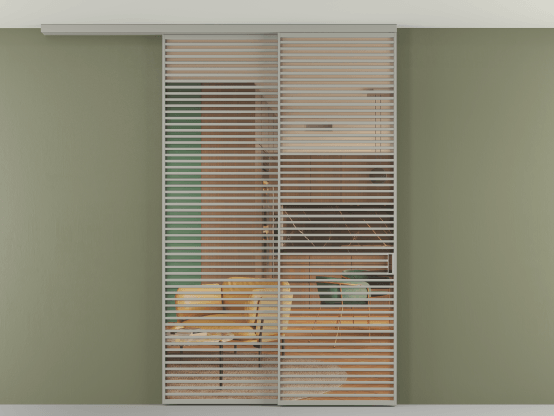 Алюминевая перегородка АЛПР 040.07_АНСР_ПРОЗ ОРАНЖ_new. Цвет Алюминий нейтральный серый. Материал Алюминий в эмали. Коллекция Перегородка Формато вдоль стены на потолок 2 створки с синхронным механизмом. Картинка.