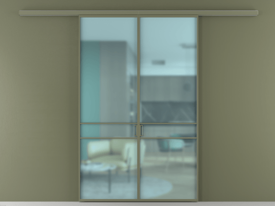 Алюминевая перегородка АЛПР 040.02_АОТ_САТ ГОЛ_new. Цвет Алюминий оливковый тёмный. Материал Алюминий в эмали. Коллекция Перегородка Formato вдоль стены 2 створки. Картинка.