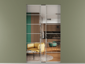 Алюминевая перегородка skr2_04_ Алюминий тёплый серый Crystal Vision прозрачное. Цвет Алюминий тёплый серый. Материал Алюминий в эмали. Коллекция Перегородка Formato скрытый пенал 2 створки. Картинка.