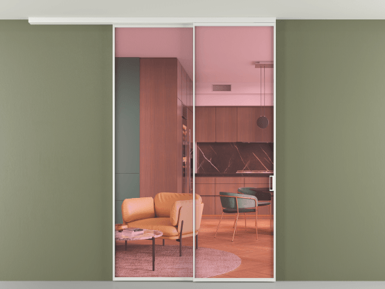 Алюминевая перегородка АЛПР 040.01_АБЛ_ПРОЗ РОЗ_new. Цвет Алюминий белоснежный. Материал Алюминий в эмали. Коллекция Перегородка Formato вдоль стены на потолок 2 створки с синхронным механизмом. Картинка.