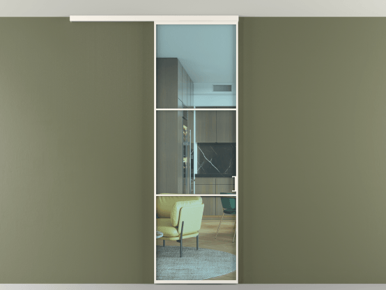 Алюминевая перегородка vd1_03 Алюминий пудровый белый Прозрачное голубое стекло, триплекс, 6мм. Цвет Алюминий пудровый белый. Материал Алюминий в эмали. Коллекция Перегородка Formato вдоль стены на потолок 1 створка. Картинка.