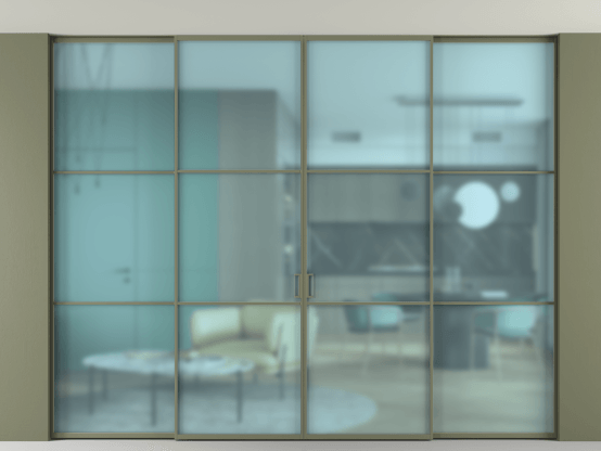 Алюминевая перегородка АЛПР 040.03_АОТ_САТ ГОЛ_new. Цвет Алюминий оливковый тёмный. Материал Алюминий в эмали. Коллекция Перегородка Formato внутри проёма скрытое крепление в потолок 4 створки. Картинка.