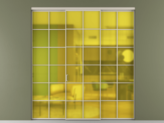 Алюминевая перегородка АЛПР 040.05_АСБЖ_САТ ЖЕЛ_new. Цвет Алюминий светло-бежевый. Материал Алюминий в эмали. Коллекция Перегородка Formato внутри проёма 3 створки. Картинка.