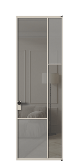 Дверь межкомнатная АЛПЛ041.12  АСБЖ Серый сатин матовое + Серый прозрачное. Цвет Алюминий светло-бежевый. Материал Алюминий в эмали. Коллекция Mosaic. Картинка.