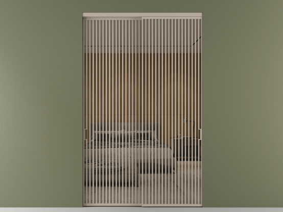 Алюминевая перегородка АЛПР 040.06_АБСК_Stopsol Bronze_new. Цвет Алюминий бисквитный. Материал Алюминий в эмали. Коллекция Перегородка Formato внутри проёма 2 створки. Картинка.