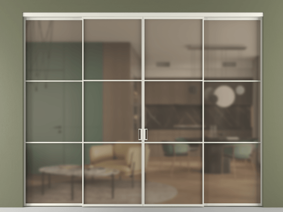 Алюминевая перегородка vn2+2_03 Бронза сатин триплекс БЕЛ. Цвет Алюминий Белый. Материал Алюминий. Коллекция Перегородка Formato внутри проёма 4 створки. Картинка.