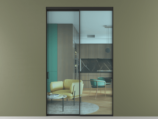 Алюминевая перегородка АЛПР 040.01_ЧРН_ПРОЗ ГОЛ_new. Цвет Алюминий Черный. Материал Алюминий. Коллекция Перегородка Formato внутри проёма 2 створки. Картинка.