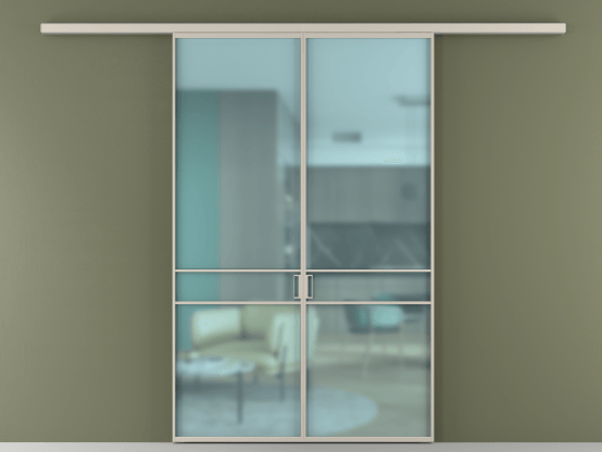 Алюминевая перегородка АЛПР 040.02_АСБЖ_САТ ГОЛ_new. Цвет Алюминий светло-бежевый. Материал Алюминий в эмали. Коллекция Перегородка Formato вдоль стены 2 створки. Картинка.