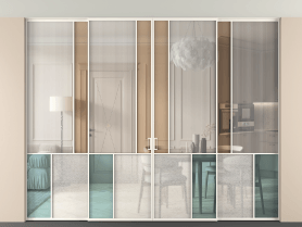 Алюминевая перегородка vntp4_1 Алюминий пудровый белый Четыре стекла. Цвет Алюминий пудровый белый. Материал Алюминий в эмали. Коллекция Перегородка Mosaic внутри проёма скрытое крепление в потолок 4 створки. Картинка.