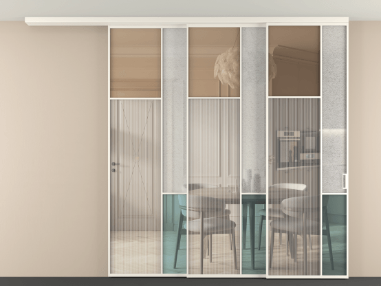 Алюминевая перегородка vdt3_7 Алюминий пудровый белый Четыре стекла. Цвет Алюминий пудровый белый. Материал Алюминий в эмали. Коллекция Перегородка Mosaic вдоль стены на потолок 3 створки с синхронным механизмом. Картинка.