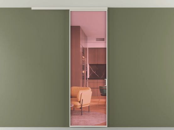 Алюминевая перегородка vd1_01 Алюминий тёплый серый Прозрачное розовое стекло, триплекс, 6мм. Цвет Алюминий тёплый серый. Материал Алюминий в эмали. Коллекция Перегородка Formato вдоль стены на потолок 1 створка. Картинка.